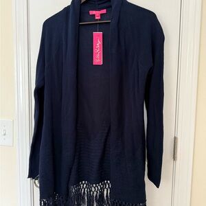 Lilly Pulitzer Tatum Long Fringe Hem Navy Cardigan New with Tags